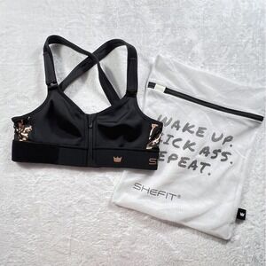 SHEFIT Flex Sports Bra XS Black Rose Gold Metallic Splatter Zip Front 110003